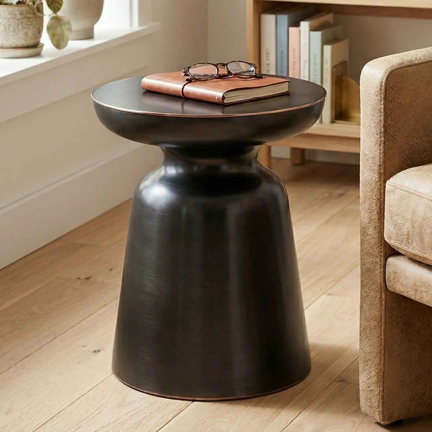 Toby Handcrafted Metal Accent Table, black with copper trim, round pedestal base by Unique Piece on Tampa Home & Garden Store
