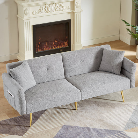 Modern Teddy Upholstered Accent Loveseat in light gray plush fabric with gold metal legs on Tampa Home & Garden Store