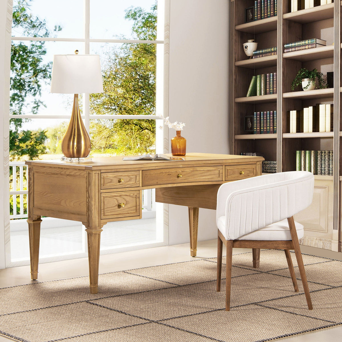 Dauphin 5 Drawer Executive Desk in light brown solid rubberwood with brass pulls on Tampa Home & Garden Store