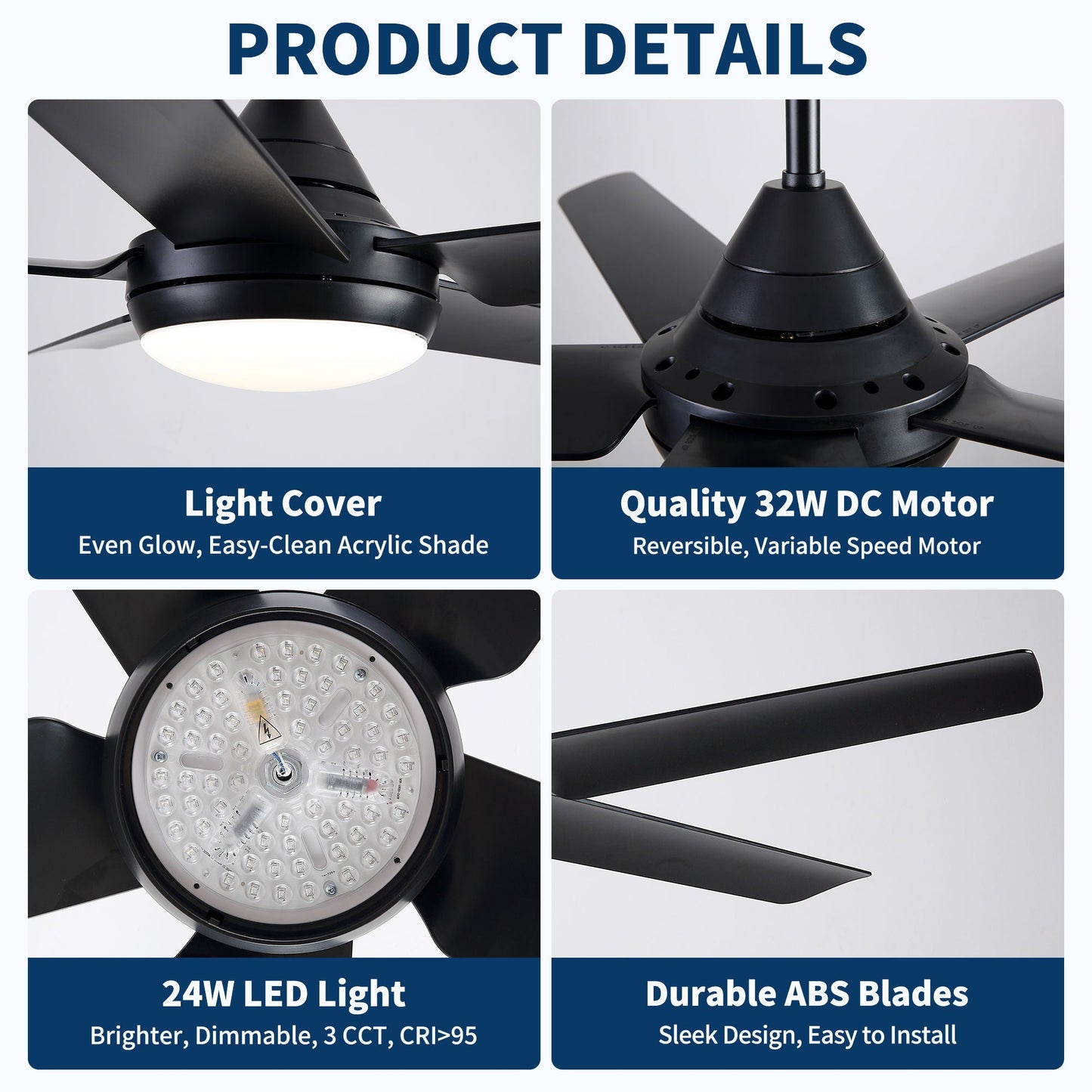 Ceiling fan with lights and remote - black, HouseOfZazla, 6 speeds, dimmable 3-CCT LED indoor on Tampa Home & Garden Store