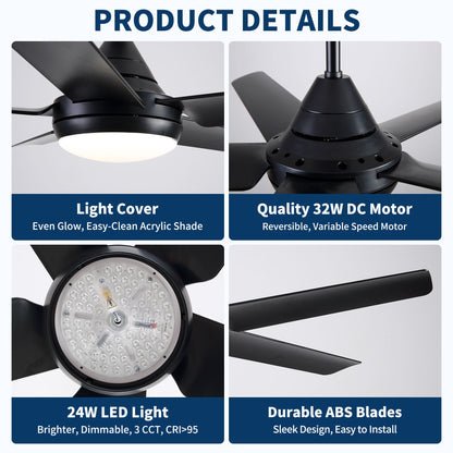 Ceiling fan with lights and remote - black, HouseOfZazla, 6 speeds, dimmable 3-CCT LED indoor on Tampa Home & Garden Store