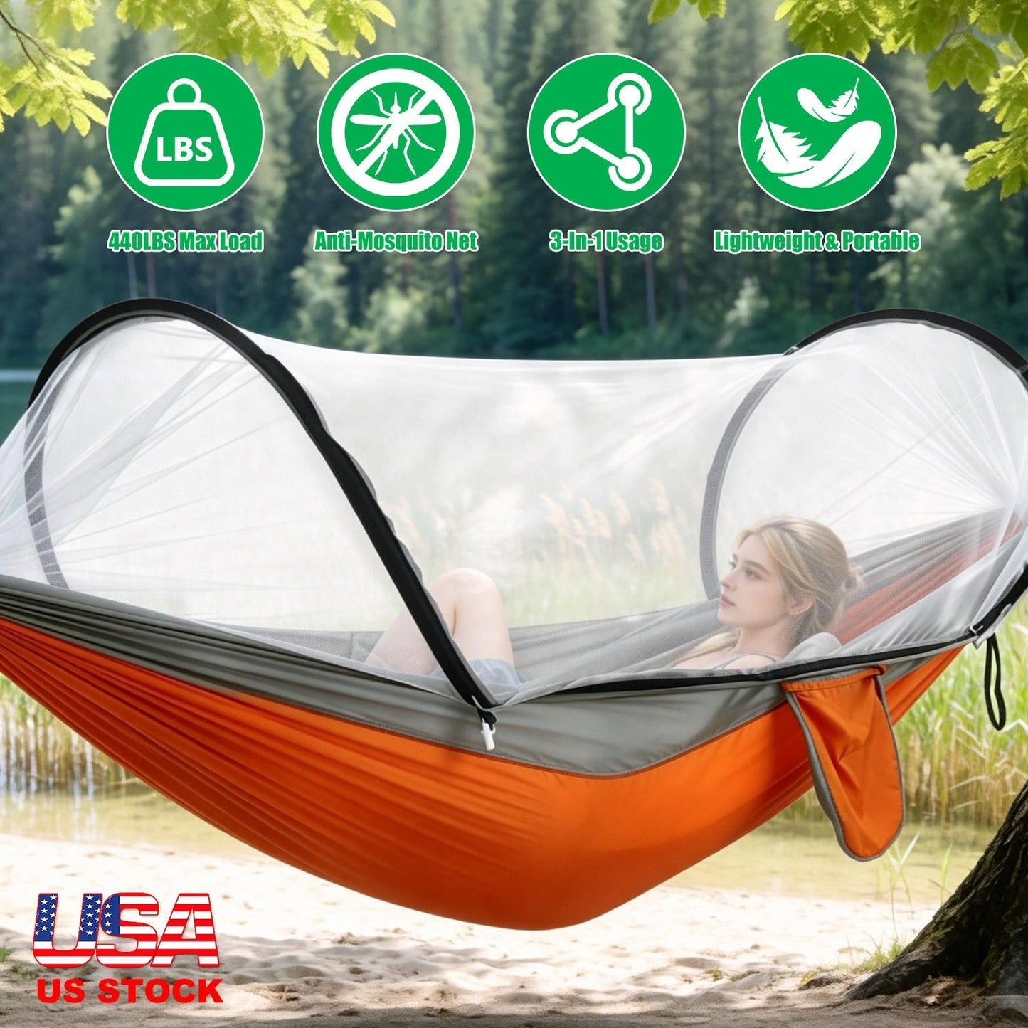 GemGear Camping Hammock with Mosquito Net orange hammock with gray trim, 440 lbs max load on Tampa Home & Garden Store