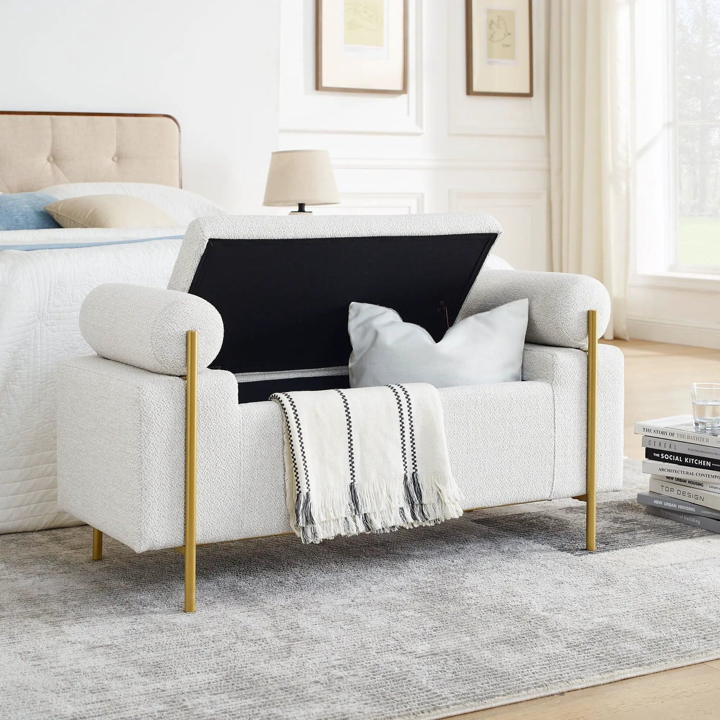 Elegant upholstered storage bench with cylindrical arms and iron legs in light gray fabric on Tampa Home & Garden Store