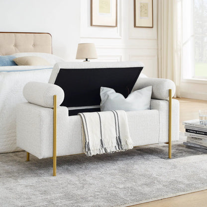 Elegant upholstered storage bench with cylindrical arms and iron legs in light gray fabric on Tampa Home & Garden Store