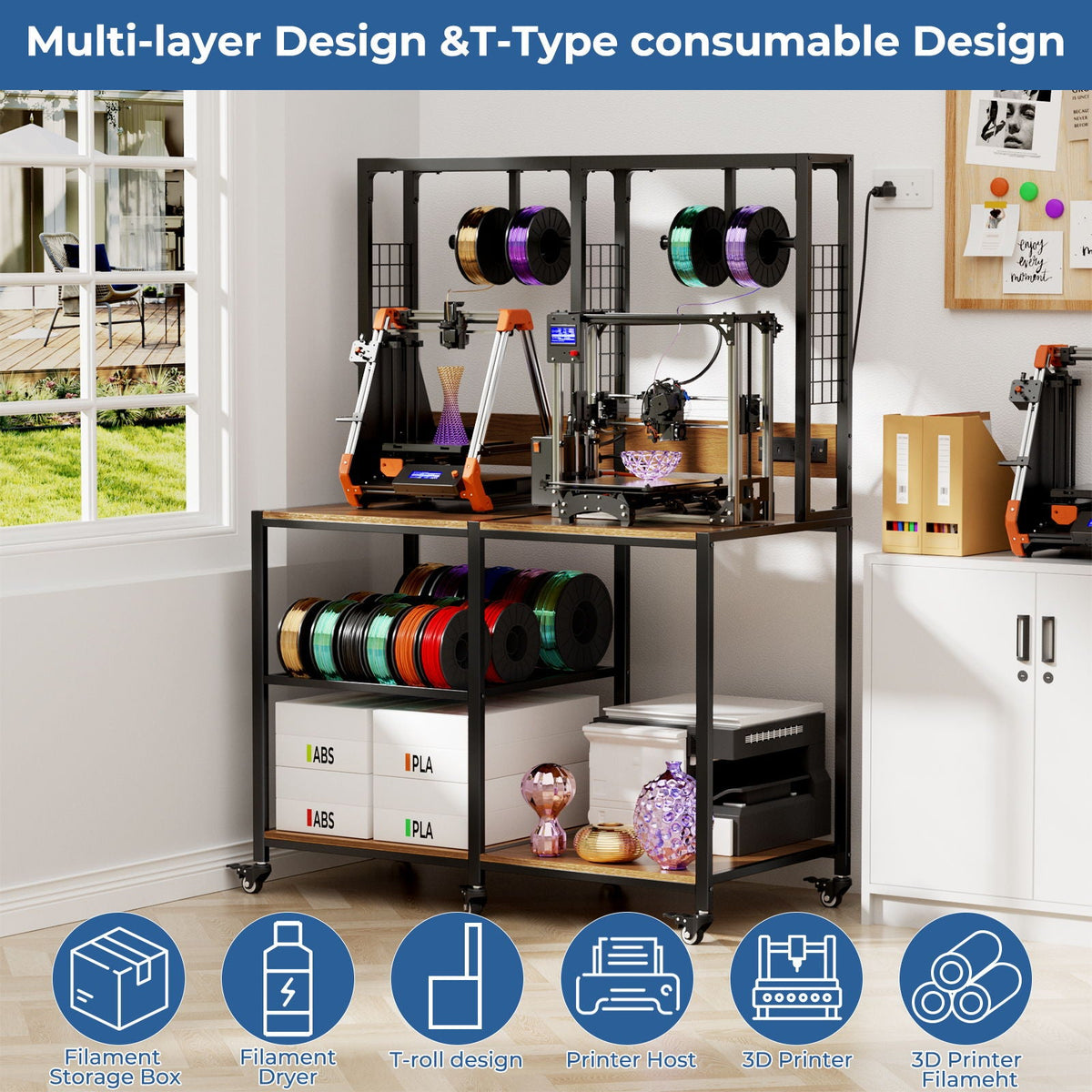 Double 3D Printer Stand and Filament Storage with black metal frame and dual printers on Tampa Home & Garden Store