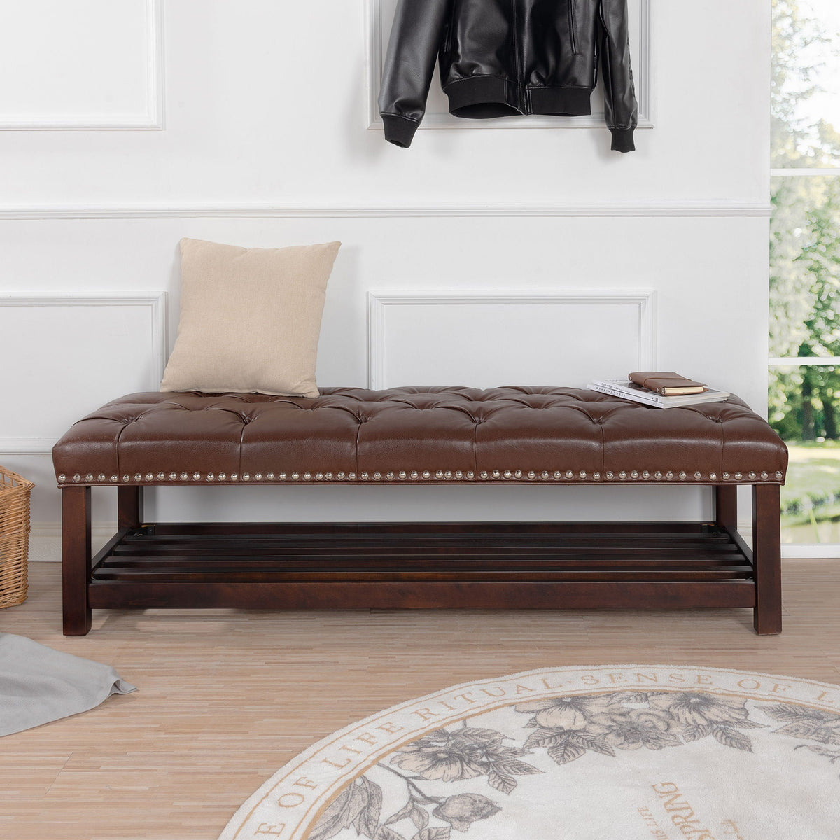 Tufted end-of-bed bench in brown faux leather with nailhead trim, HouseOfZazla on Tampa Home & Garden Store