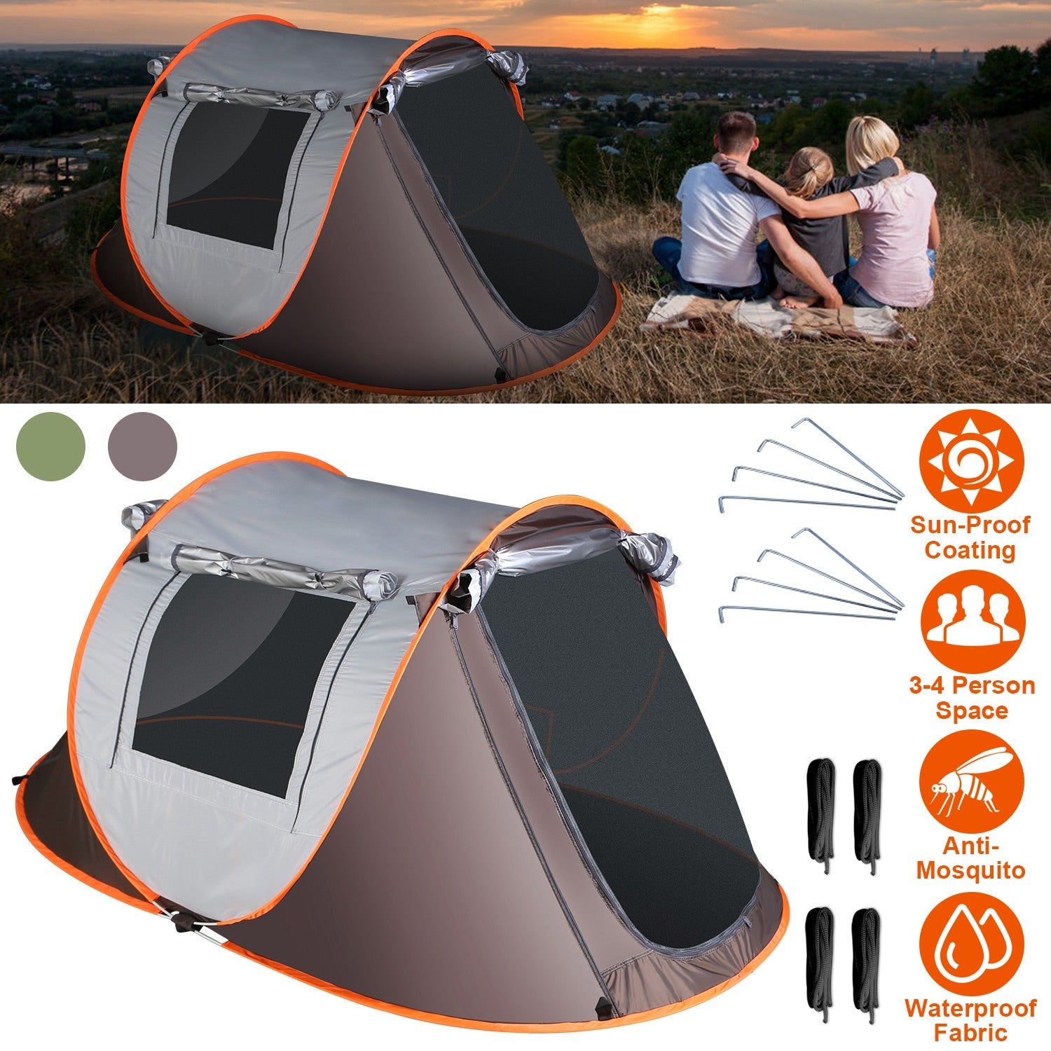 GemGear 3-4 Person Pop-Up Tent with orange trim mosquito net windows waterproof fabric on Tampa Home & Garden Store