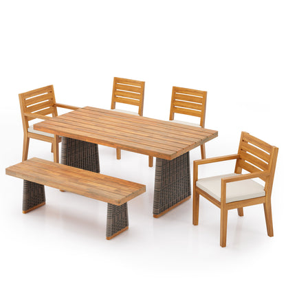 Outdoor acacia wood patio dining set and bench by HouseOfZazla in natural finish on Tampa Home & Garden Store