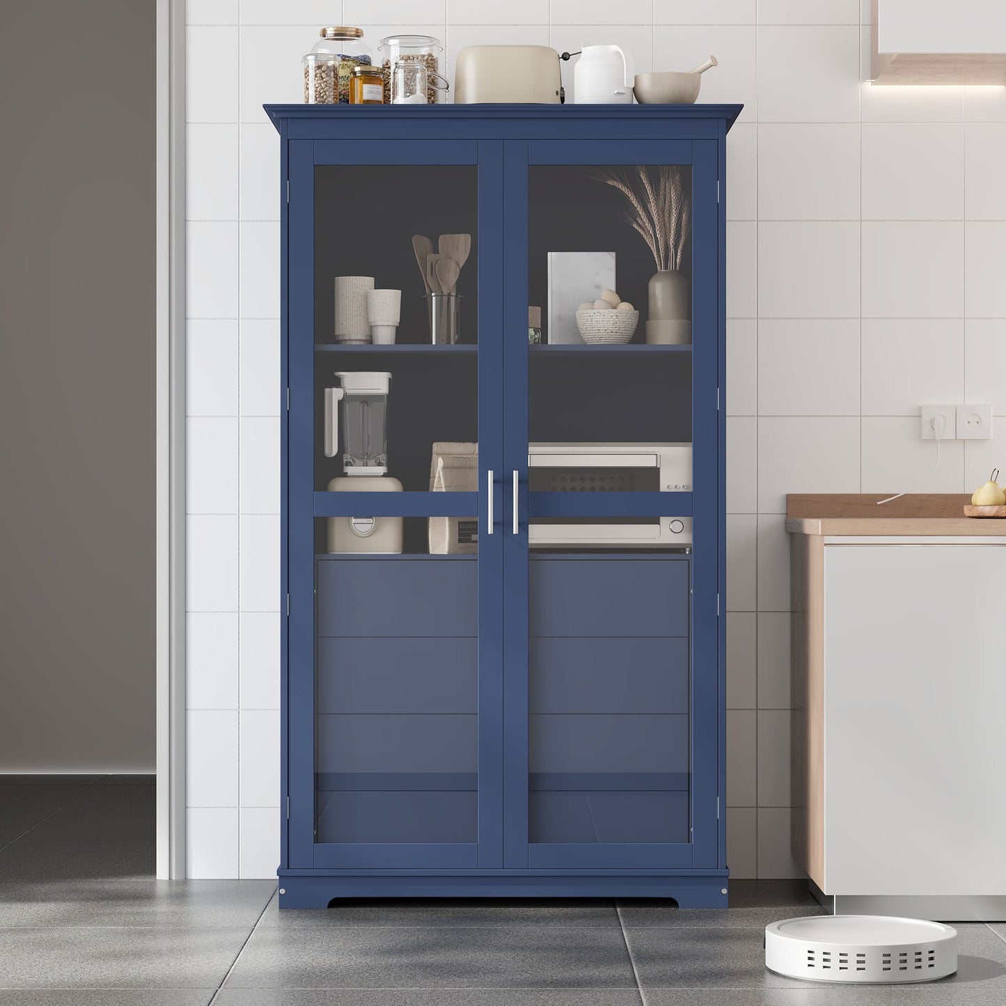 Blue Pine Cabinet With Glass Doors And Drawers