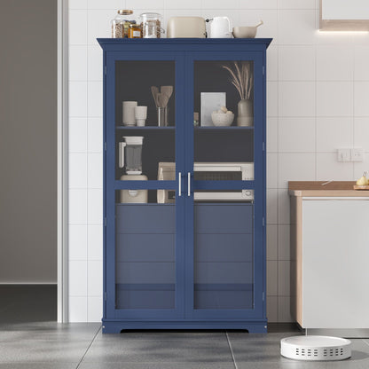 Blue Pine Cabinet With Glass Doors And Drawers