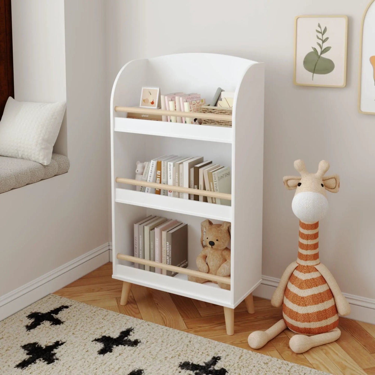 Bookshelf 3 Tier Book Organizer With Toy Storage white wood dowel rods stores books and toys on Tampa Home & Garden Store