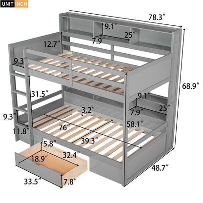 Twin size bunk bed with built-in shelves and storage drawer, gray metal frame HouseOfZazla on Tampa Home & Garden Store
