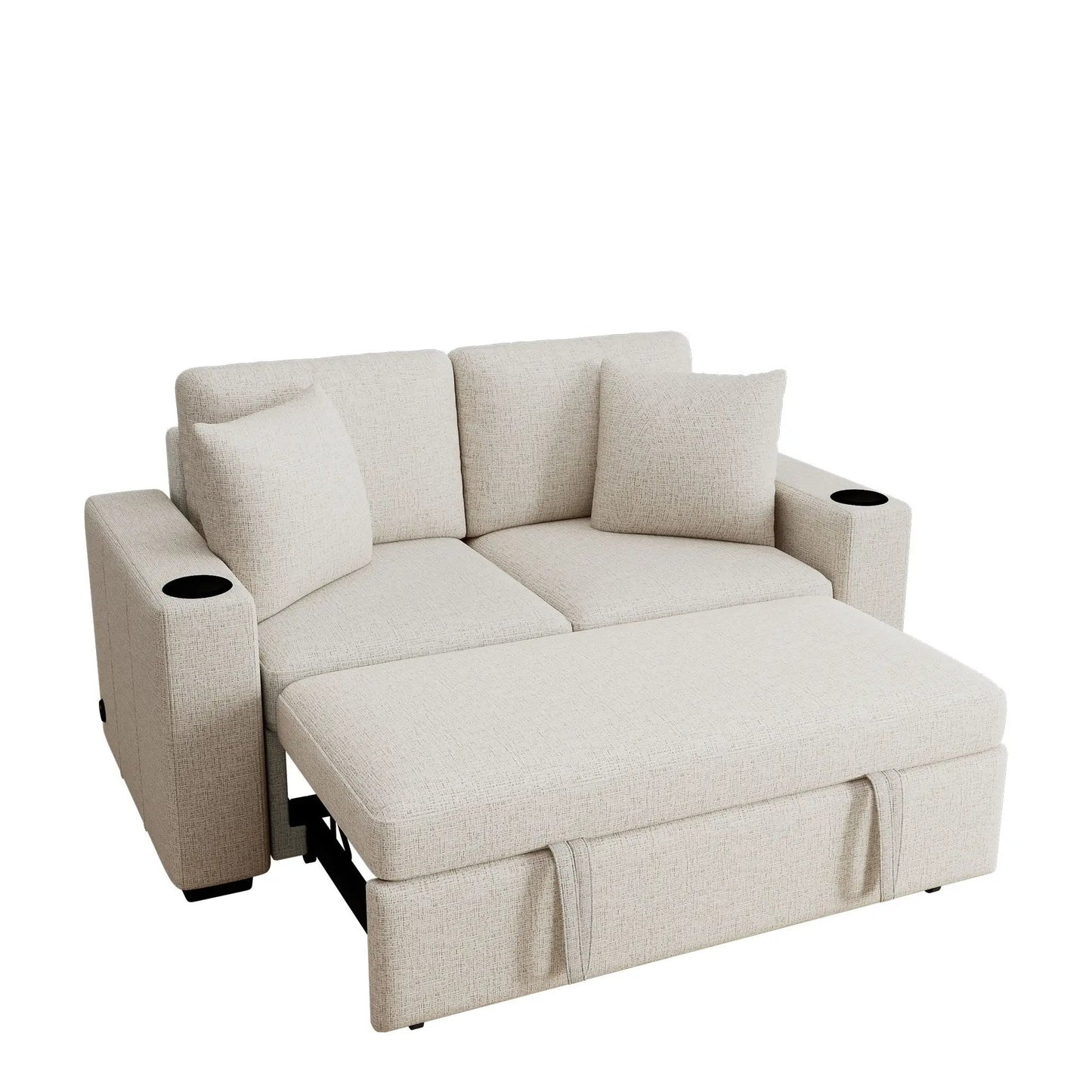 Modern beige fabric sleeper loveseat with cup holders on the armrests and pull-out bed on Tampa Home & Garden Store