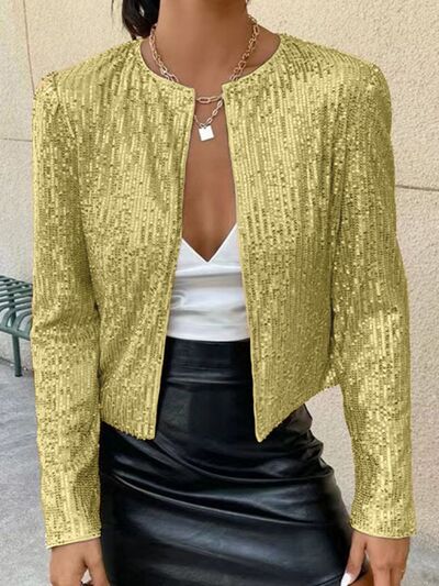 Elegant women full-size sequin open-front cropped jacket in gold by Stevvex sparkle on Tampa Home & Garden Store