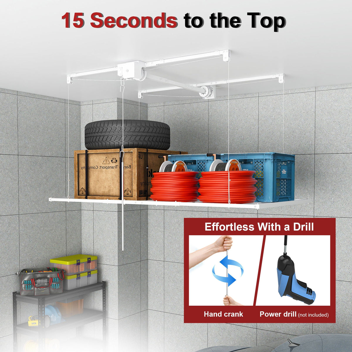 Overhead Garage Storage Rack with Crank System White by HouseOfZazla, wall organizer on Tampa Home & Garden Store