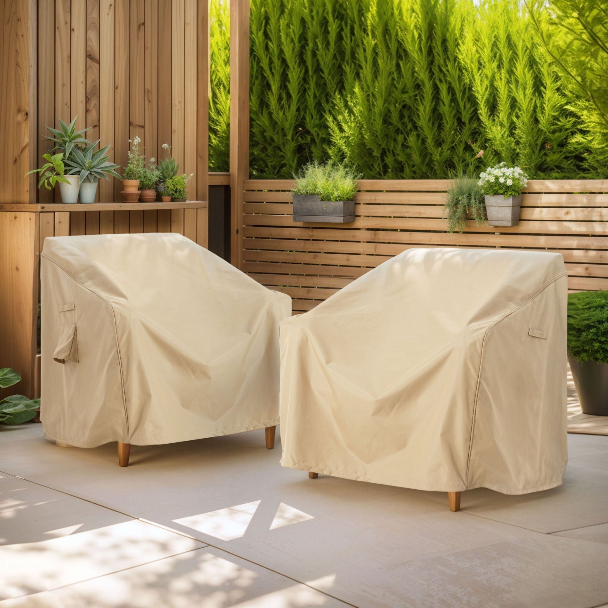 Shield Outdoor Patio Club Chair Cover beige fabric by HouseOfZazla umbrella case on Tampa Home & Garden Store