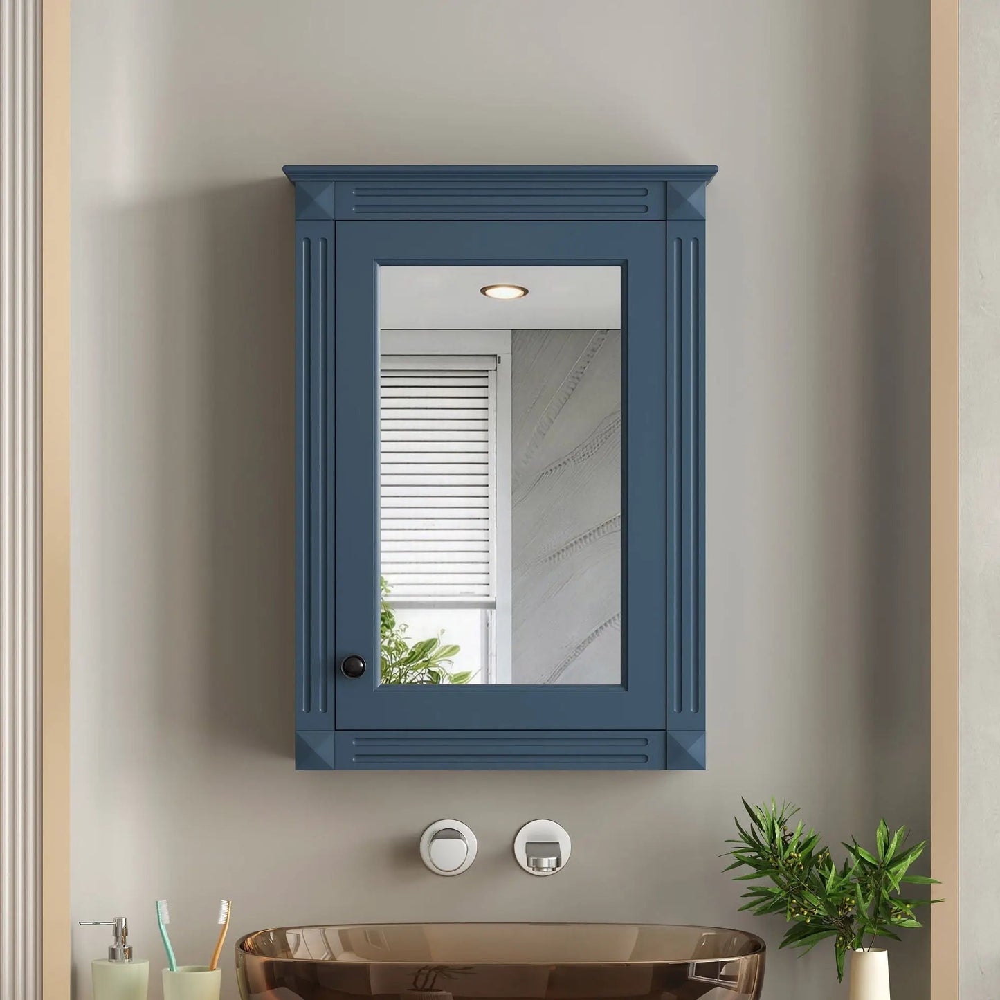 Wall-mounted medicine cabinet in blue with mirror and decorative side panels over toilet on Tampa Home & Garden Store