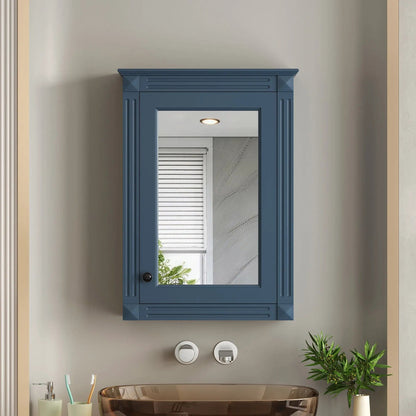 Wall-mounted medicine cabinet in blue with mirror and decorative side panels over toilet on Tampa Home & Garden Store