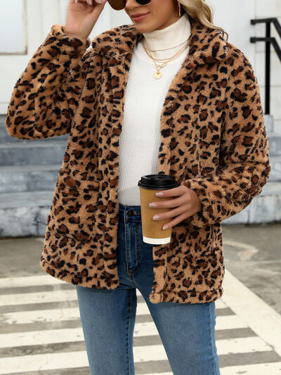 Leopard print fuzzy faux fur jacket by Stevvex, drop-shoulder brown tan tones on Tampa Home & Garden Store