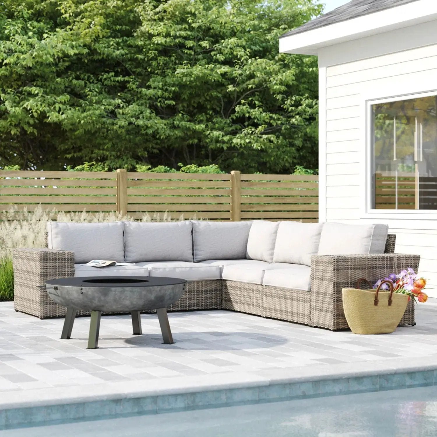Wide Outdoor Wicker Patio Sectional with Cushions gray by Unique Piece Furniture stationary on Tampa Home & Garden Store