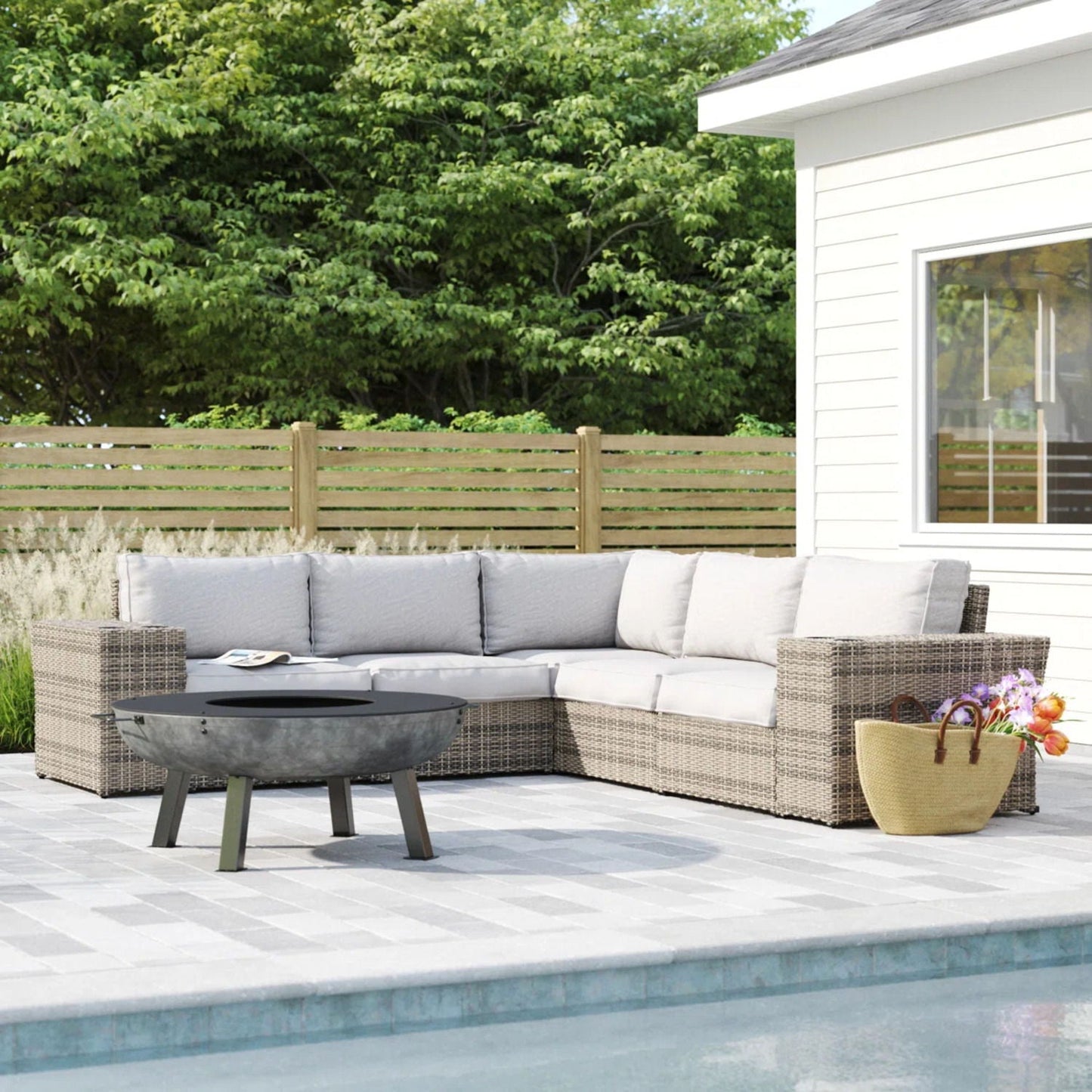 Wide Outdoor Wicker Sectional and Gray Cushions