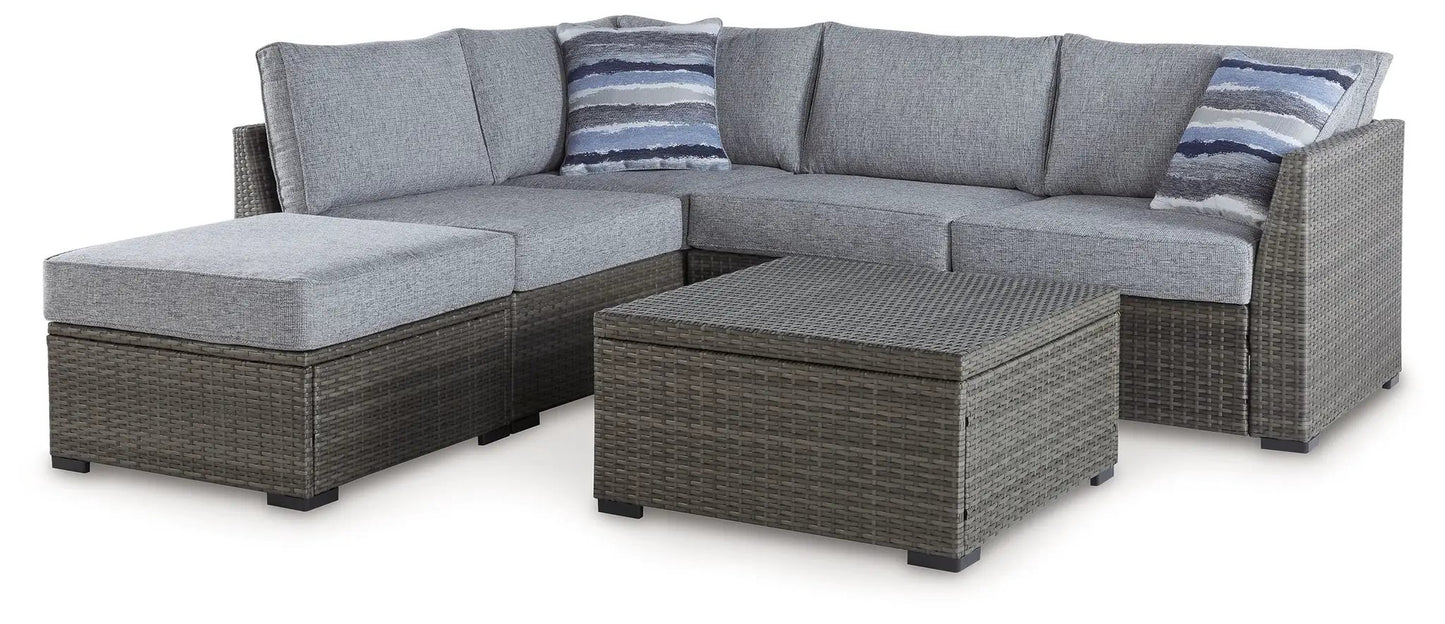 Petal Road 4-piece gray outdoor wicker loveseat sectional with ottoman and coffee table on Tampa Home & Garden Store