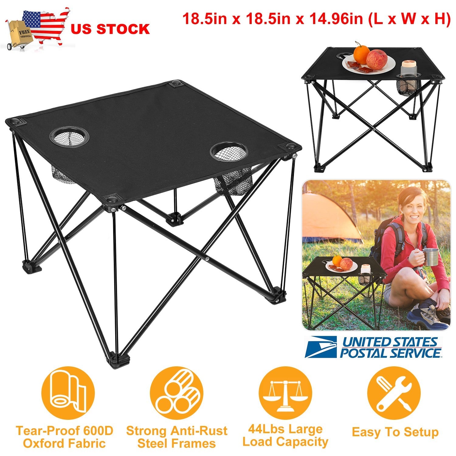 GemGear foldable camping table with black Oxford top, 2 cup holders, steel frame, carrying bag on Tampa Home & Garden Store