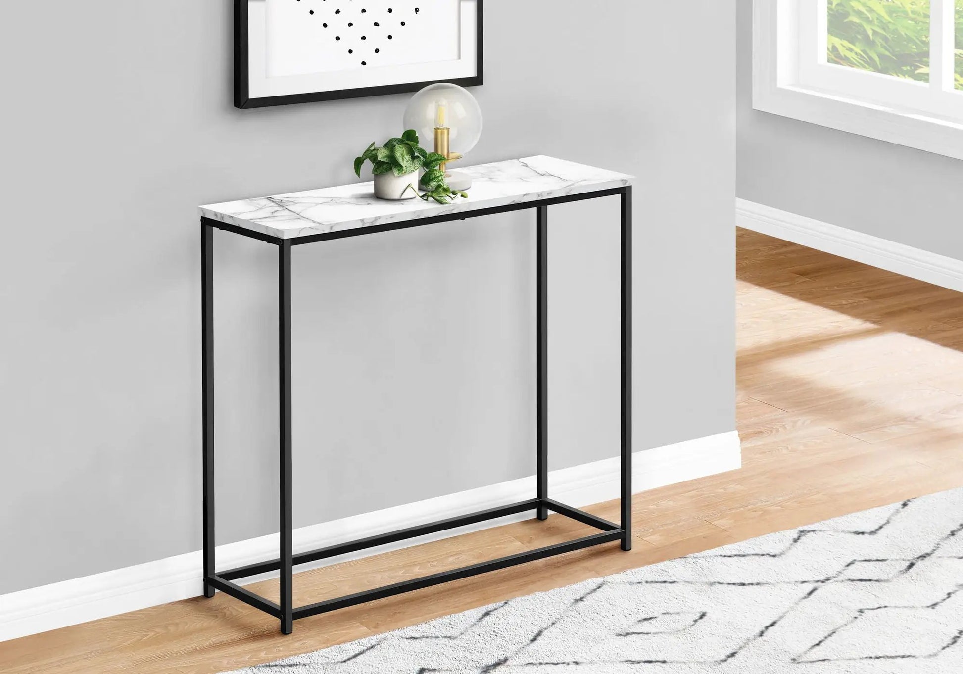 Accent console table with marble top and black metal frame for entryways on Tampa Home & Garden Store