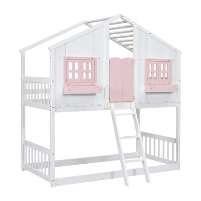 Bunk bed by HouseOfZazla, white finish with pink window shutters and doors, roof and ladder on Tampa Home & Garden Store