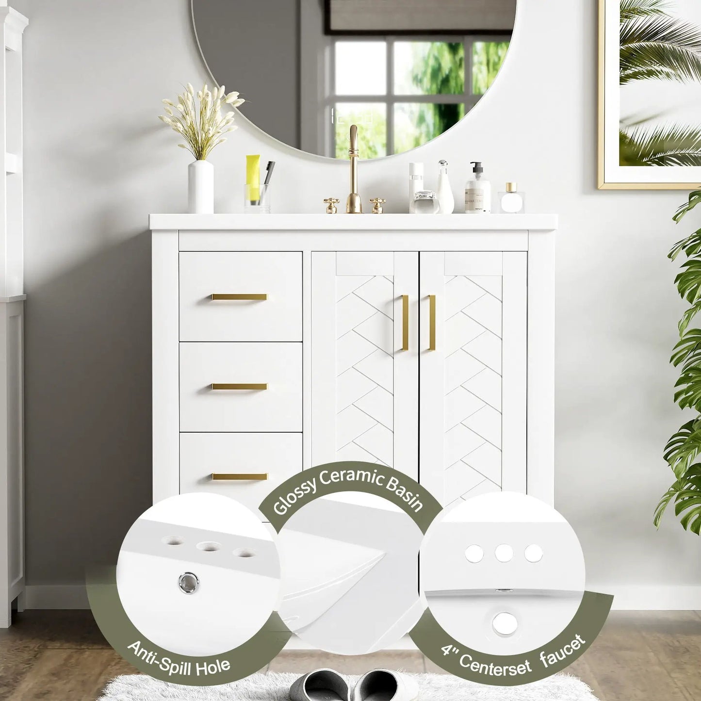 Ceramic sink vanity set white cabinet with 3 drawers and soft-close doors gold handles on Tampa Home & Garden Store