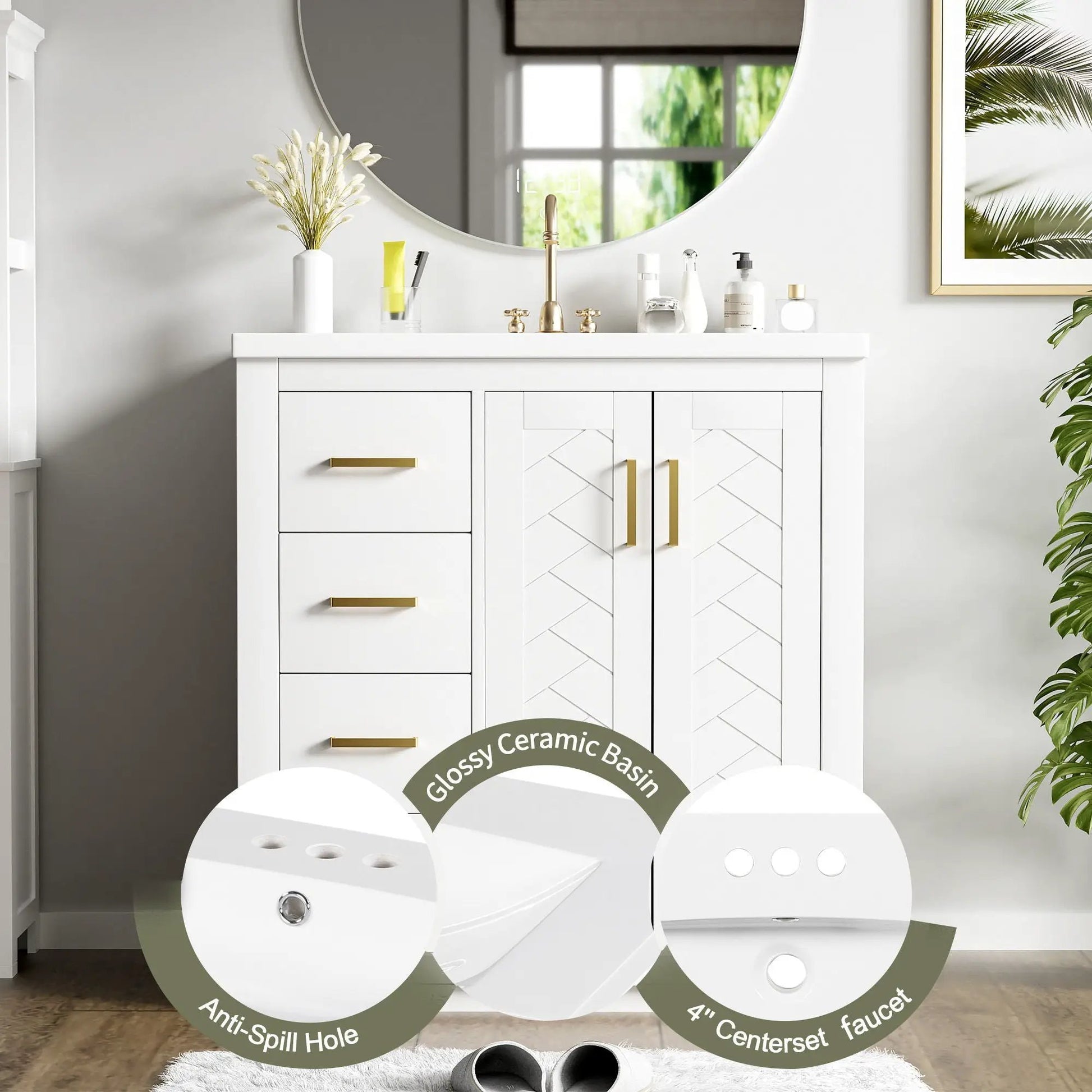 Ceramic sink vanity set white cabinet with 3 drawers and soft-close doors gold handles on Tampa Home & Garden Store