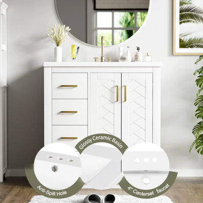 Ceramic sink vanity set white cabinet with 3 drawers and soft-close doors gold handles on Tampa Home & Garden Store