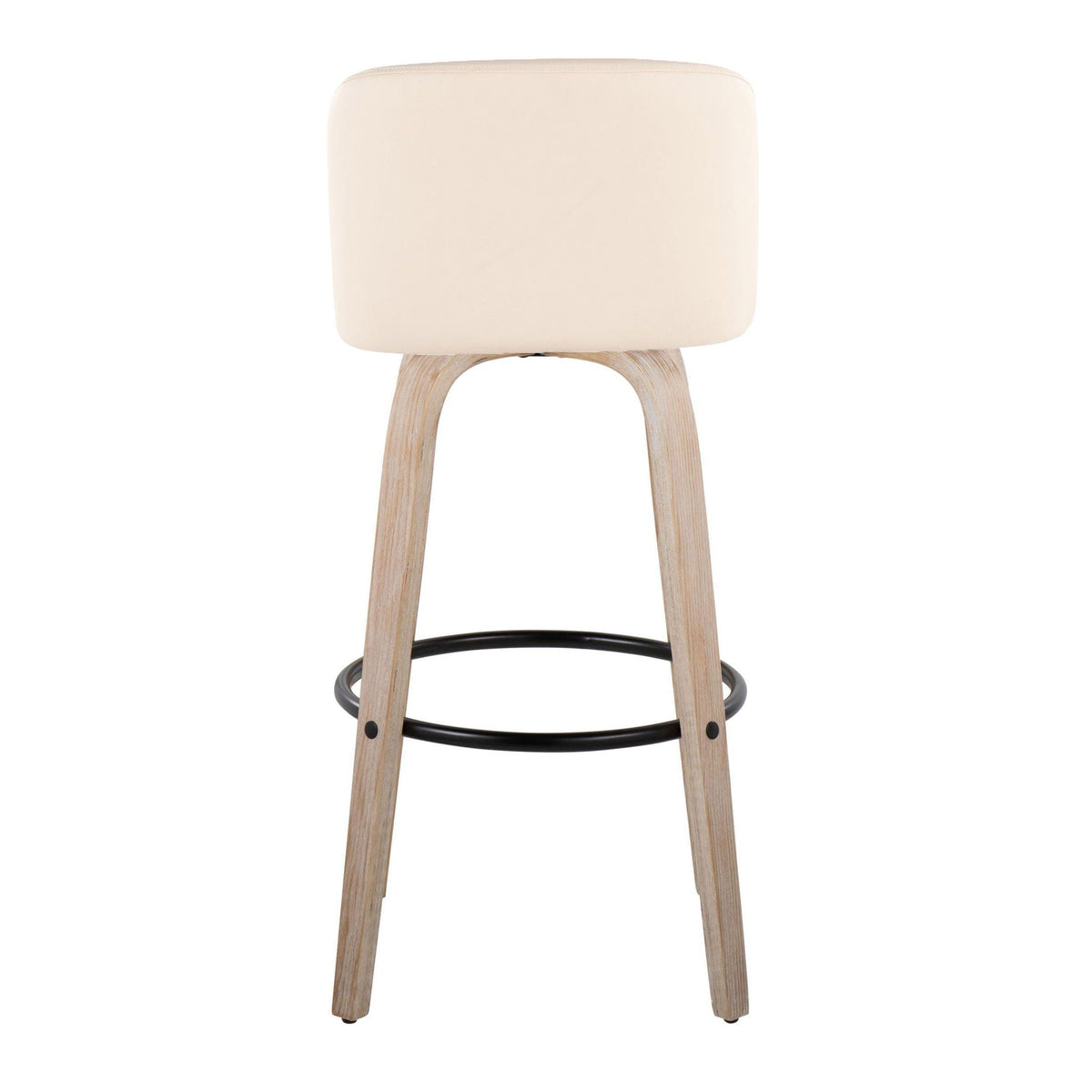 Mid-Century modern fixed-height bar stool with cream upholstered seat, natural wood legs and black circular footrest on Tampa Home & Garden Store