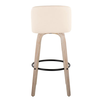 Mid-Century modern fixed-height bar stool with cream upholstered seat, natural wood legs and black circular footrest on Tampa Home & Garden Store