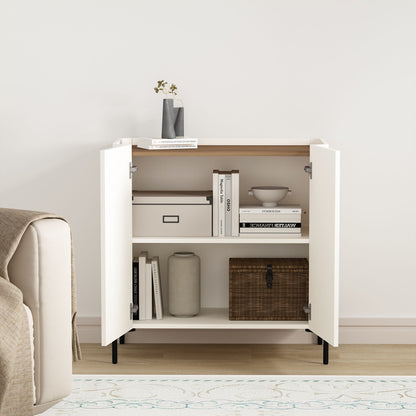 Abbey Accent Cabinet white with wood top; open doors reveal shelves and books with gray vase decor on Tampa Home & Garden Store