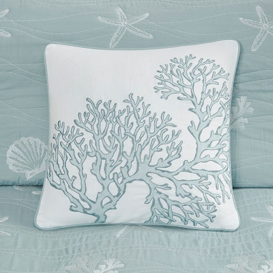 Cotton reversible quilt set with aqua quilt and pillow with aqua coral embroidery on Tampa Home & Garden Store