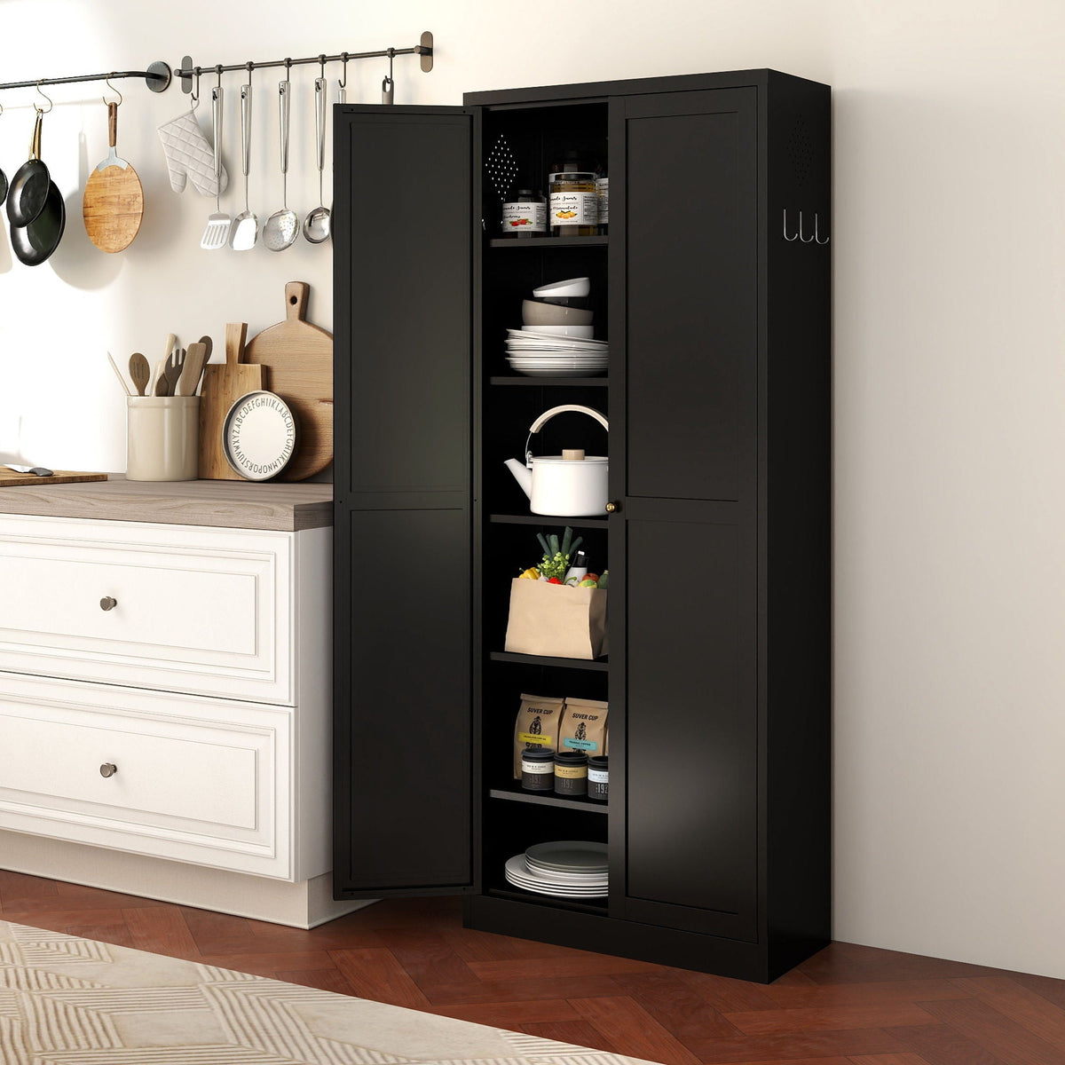 Black kitchen pantry cabinet with 4 adjustable shelves; open door reveals plates and teapot on Tampa Home & Garden Store