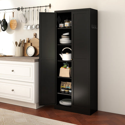 Black kitchen pantry cabinet with 4 adjustable shelves; open door reveals plates and teapot on Tampa Home & Garden Store
