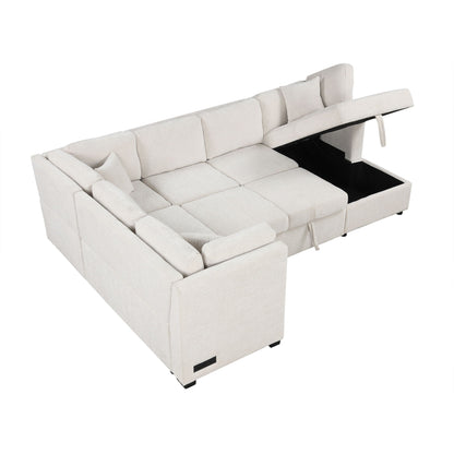 Beige U-shaped sleeper sectional with storage chaise and pull-out bed, 3 pillows, USB ports on Tampa Home & Garden Store