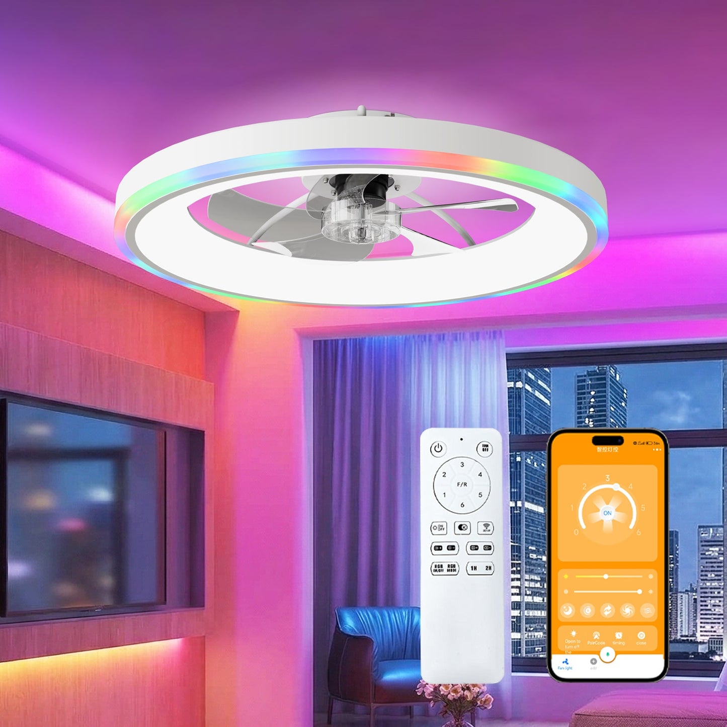 HouseOfZazla 23.6-inch modern RGB ceiling fan with lights, remote and app control on Tampa Home & Garden Store