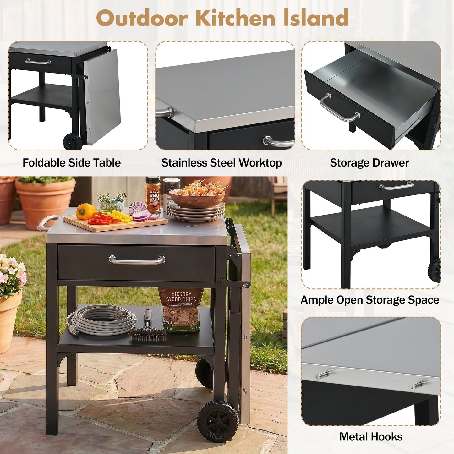 Large Foldable Outdoor Kitchen Cart And Storage