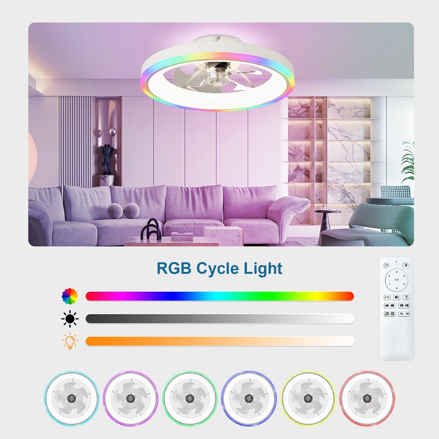 19.7-inch modern RGB ceiling fan with lights by HouseOfZazla, white finish, RGB LED ring remote on Tampa Home & Garden Store