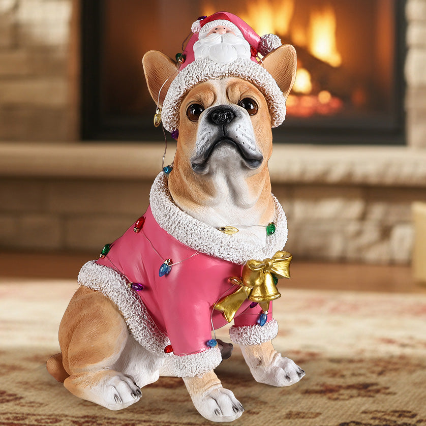 Christmas French Bulldog statue in pink coat with white faux fur trim, colorful holiday lights, gold bow on Tampa Home & Garden Store
