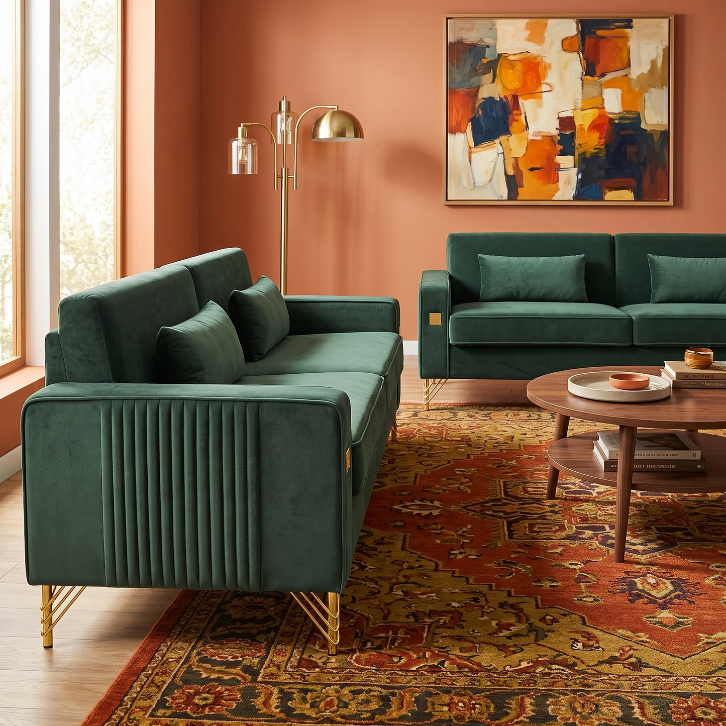 Emerald Green Velvet Sofa Set in the Living Room