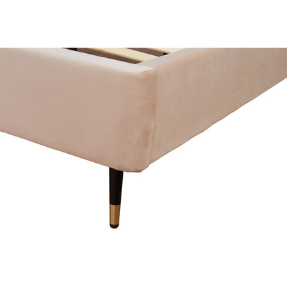 Crosby upholstered bed with beige fabric, padded sides, slats, and black legs with brass cap on Tampa Home & Garden Store