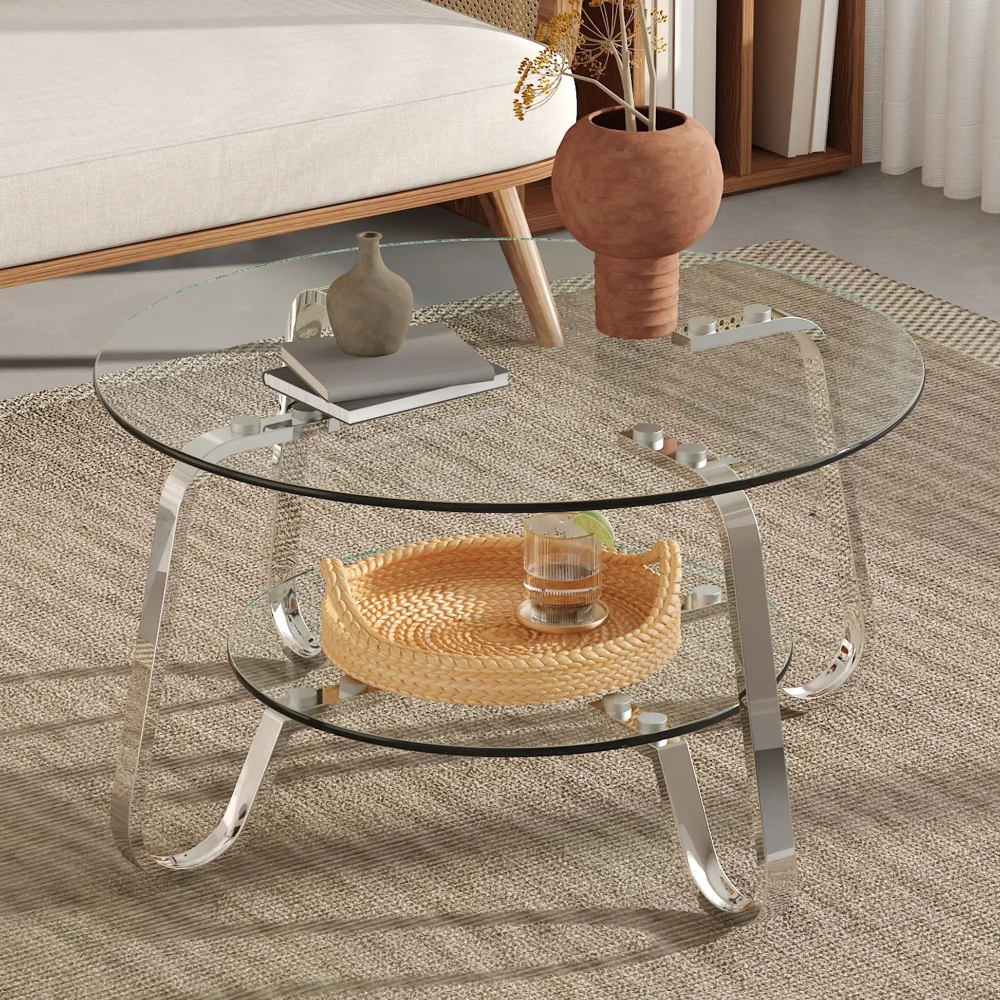 Double Layer Coffee Table with two-tier glass top and chrome legs in living room on Tampa Home & Garden Store