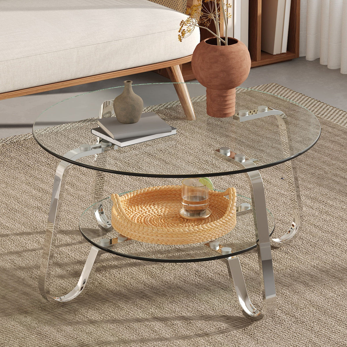 Double Layer Glass Coffee Table with chrome frame and two round glass shelves on Tampa Home & Garden Store