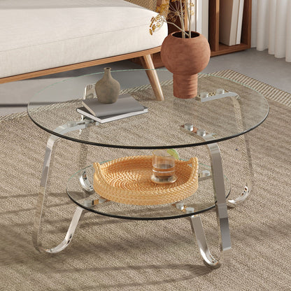 Double Layer Glass Coffee Table with chrome frame and two round glass shelves on Tampa Home & Garden Store