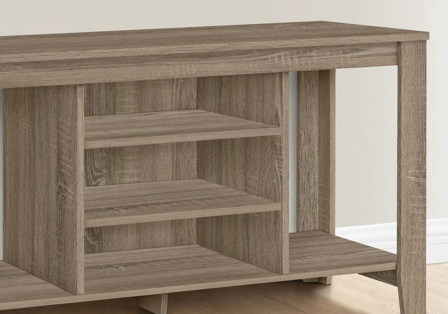 TV stand console with open storage shelves in warm oak finish by Unique Piece Furniture on Tampa Home & Garden Store
