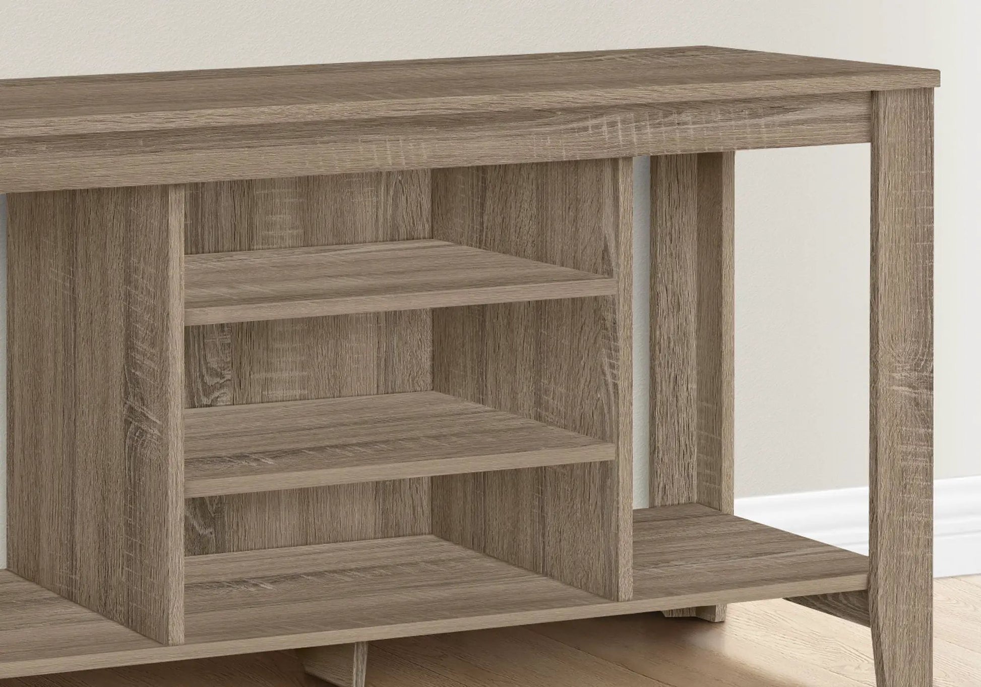TV stand console with open storage shelves in warm oak finish by Unique Piece Furniture on Tampa Home & Garden Store